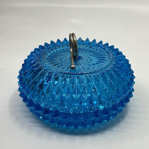 Indiana Glass Diamond Point Aqua Glass Powder Candy Dish With Lid Metal Handle - Picture 2 of 14